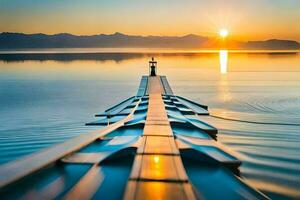 ein lange Seebrücke mit das Sonne Rahmen Über das Wasser. KI-generiert foto