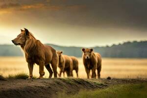 ein Gruppe von Löwen Gehen über ein Feld. KI-generiert foto