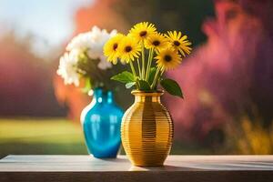 zwei Vasen mit Gelb Blumen auf ein Tisch. KI-generiert foto