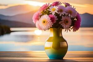ein Vase mit Rosa Blumen auf ein hölzern Tabelle im Vorderseite von ein See. KI-generiert foto
