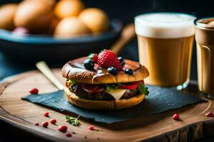 ein Burger mit Beeren und Schokolade auf ein hölzern Tafel. KI-generiert foto