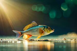 ein Fisch ist Stehen auf das Wasser mit das Sonne leuchtenden. KI-generiert foto