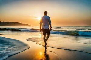 ein Mann Gehen auf das Strand beim Sonnenuntergang. KI-generiert foto