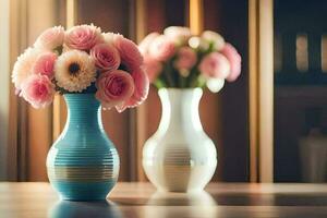 zwei Vasen mit Rosa Blumen Sitzung auf ein Tisch. KI-generiert foto