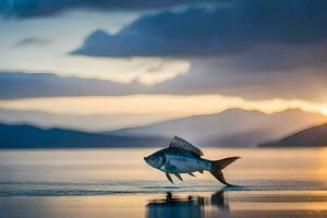 ein Fisch ist Springen aus von das Wasser beim Sonnenuntergang. KI-generiert foto