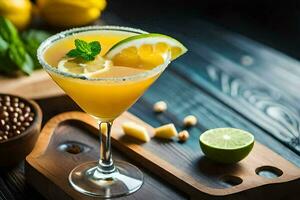 ein Cocktail mit Zitrone, Minze und Limette auf ein hölzern Schneiden Tafel. KI-generiert foto