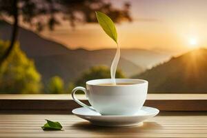 ein Tasse von Tee auf ein hölzern Tabelle mit ein Aussicht von das Berge. KI-generiert foto