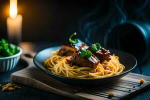 Spaghetti mit Fleisch und Gemüse im ein Schüssel. KI-generiert foto