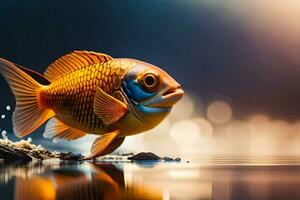 ein Fisch ist Stehen auf das Wasser mit ein dunkel Hintergrund. KI-generiert foto