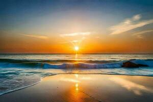 das Sonne steigt an Über das Ozean und Wellen auf ein Strand. KI-generiert foto