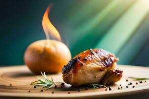 ein Stück von Hähnchen auf ein hölzern Tafel mit ein Flamme. KI-generiert foto