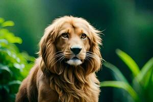 ein golden Retriever Sitzung im das Gras. KI-generiert foto