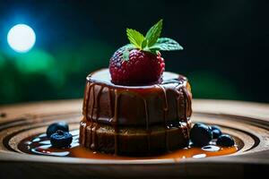 ein Dessert mit Erdbeeren und Schokolade auf ein hölzern Platte. KI-generiert foto