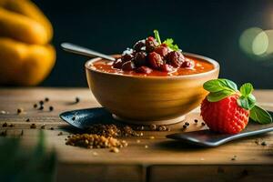 ein Schüssel von Tomate Suppe mit ein Erdbeere auf oben. KI-generiert foto