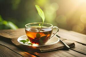 ein Tasse von Tee mit ein Blatt auf das Tisch. KI-generiert foto