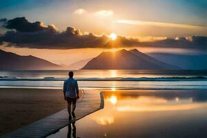 ein Mann Gehen auf ein Strand beim Sonnenuntergang. KI-generiert foto