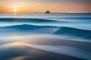 ein lange Exposition fotografieren von Wellen abstürzen auf das Ufer. KI-generiert foto