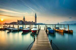 Boote angedockt beim das Seebrücke im Venedig beim Sonnenuntergang. KI-generiert foto