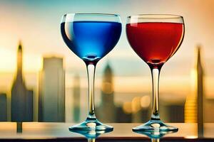 zwei Wein Brille mit rot und Blau Flüssigkeit im ihnen. KI-generiert foto