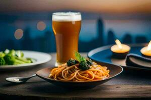 ein Teller von Spaghetti mit Brokkoli und ein Bier auf ein Tabelle im Vorderseite von ein Stadt Horizont. KI-generiert foto