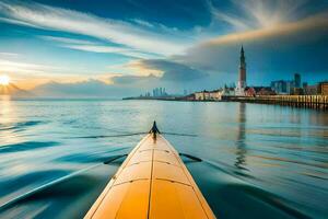 ein Gelb Kajak im das Wasser beim Sonnenuntergang. KI-generiert foto