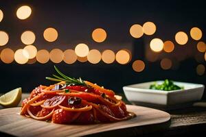 ein Teller von Spaghetti mit Tomaten und Kräuter. KI-generiert foto