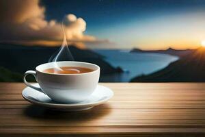 ein Tasse von Tee auf ein hölzern Tabelle mit ein Aussicht von das Meer und Berge. KI-generiert foto