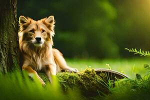 ein Hund Sitzung unter ein Baum im das Gras. KI-generiert foto