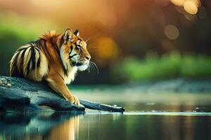 ein Tiger Sitzung auf ein Log im das Wasser. KI-generiert foto