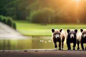 drei Bären Gehen entlang ein Pfad in der Nähe von ein See. KI-generiert foto