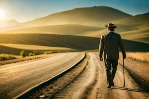 ein Mann im ein passen und Hut Gehen Nieder ein Straße. KI-generiert foto