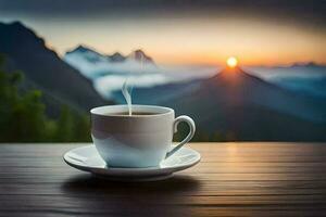 Kaffee Tasse auf das Tabelle mit Berge im das Hintergrund. KI-generiert foto