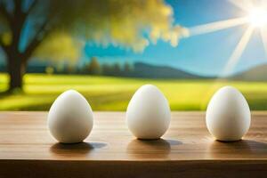 drei Eier auf ein Tabelle mit ein sonnig Himmel. KI-generiert foto