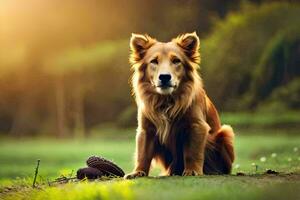 ein golden Retriever Sitzung auf das Gras im das Sonne. KI-generiert foto