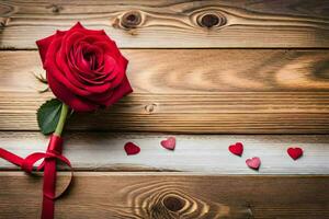 ein Single rot Rose auf ein hölzern Tabelle mit Herzen. KI-generiert foto