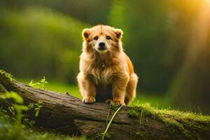 ein Hund Sitzung auf ein Log im das Wald. KI-generiert foto