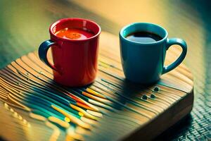 zwei Kaffee Tassen auf ein hölzern Tisch. KI-generiert foto