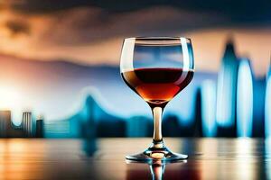 ein Glas von Wein auf ein Tabelle im Vorderseite von ein Stadt Horizont. KI-generiert foto