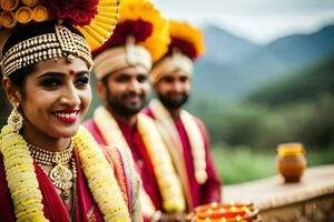 indisch Hochzeit im das Berge. KI-generiert foto