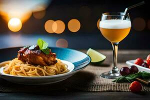 ein Teller von Pasta mit Fleisch und ein Glas von Wein. KI-generiert foto