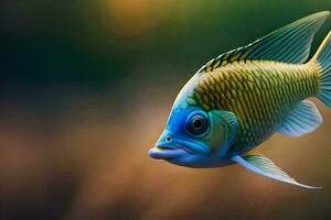 ein Fisch mit Blau und Gelb Streifen ist fliegend. KI-generiert foto
