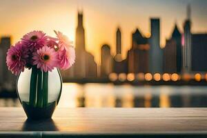 ein Vase mit Rosa Blumen Sitzung auf ein Tabelle im Vorderseite von ein Stadt Horizont. KI-generiert foto