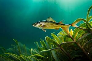 ein Fisch Schwimmen im das Wasser mit Grün Pflanzen. KI-generiert foto