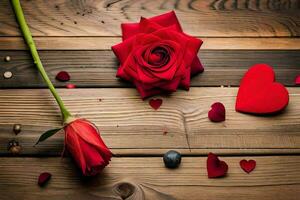 rot Rosen und Herzen auf ein hölzern Tisch. KI-generiert foto