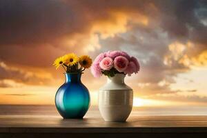 zwei Vasen mit Blumen auf ein Tabelle im Vorderseite von das Sonnenuntergang. KI-generiert foto