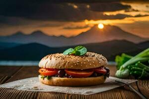 ein Hamburger mit Tomaten und Kräuter auf ein Tabelle mit Berge im das Hintergrund. KI-generiert foto