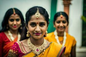 ein Frau im ein Sari posiert zum das Kamera. KI-generiert foto