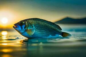 ein Fisch Schwimmen im das Ozean beim Sonnenuntergang. KI-generiert foto