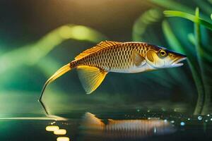 Fisch im das Wasser mit Gras und Pflanzen. KI-generiert foto