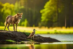 ein Wolf und ein Vogel im das Wald. KI-generiert foto